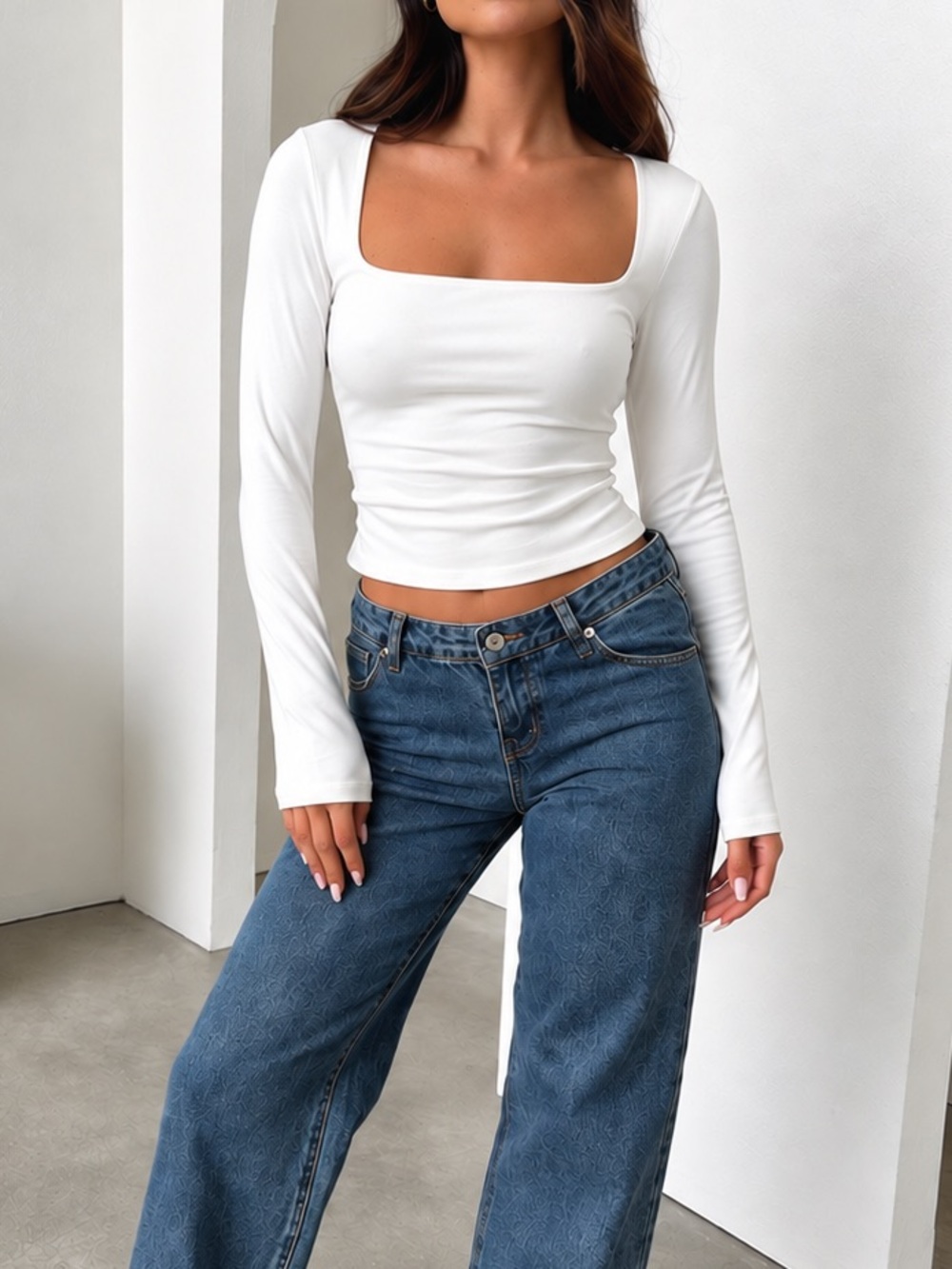 Square Neck Long Sleeve Tee - White